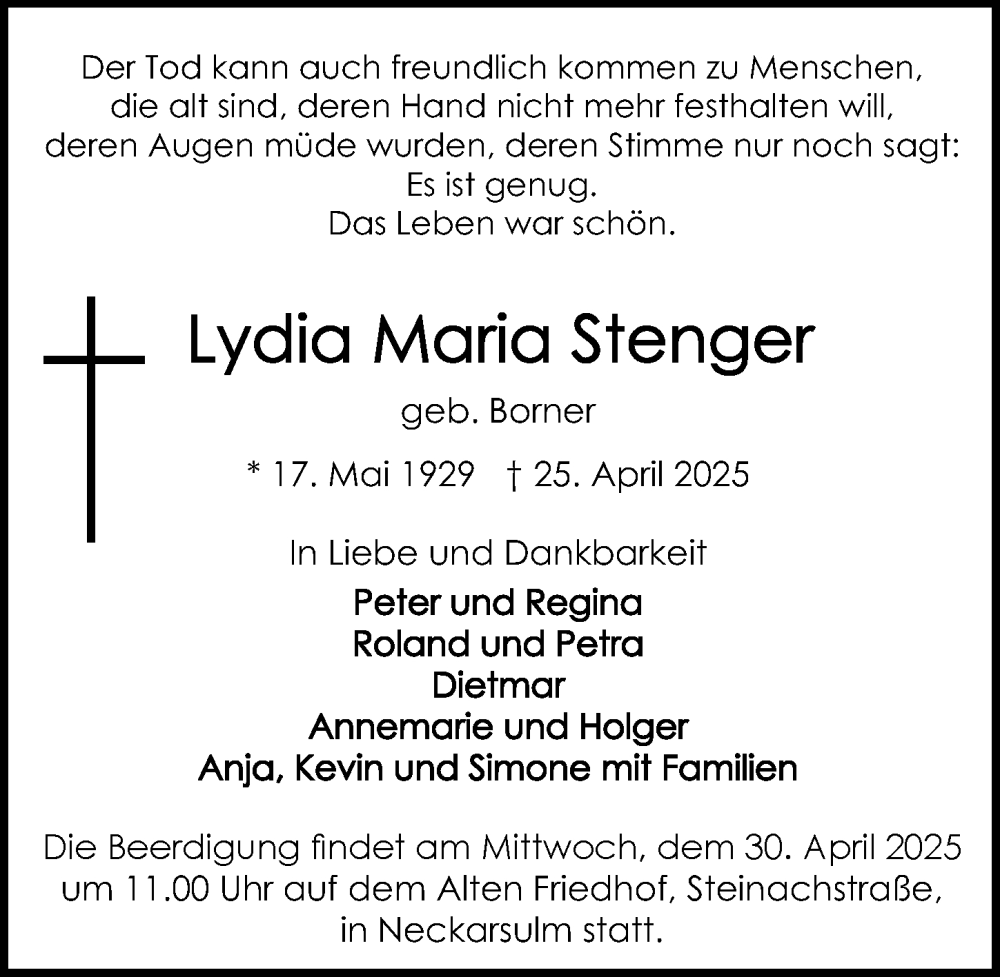 Traueranzeige für Lydia Maria Stenger vom 29.04.2025 aus GESAMT