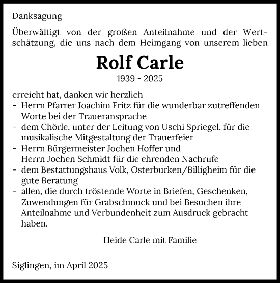 Traueranzeige von Rolf Carle von GESAMT
