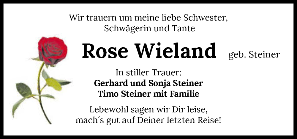  Traueranzeige für Rose Wieland vom 29.04.2025 aus GESAMT