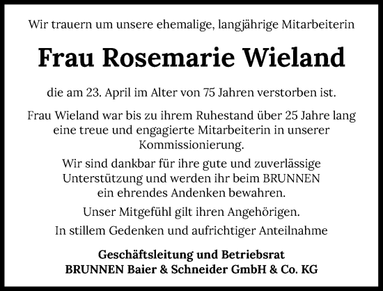 Traueranzeige von Rosemarie Wieland von GESAMT