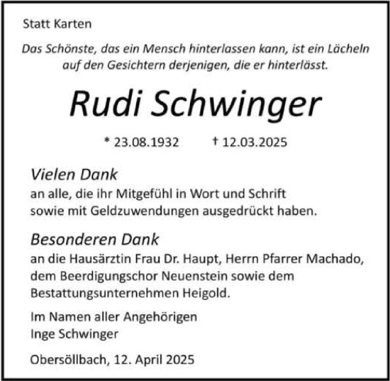 Traueranzeige von Rudi Schwinger von GESAMT