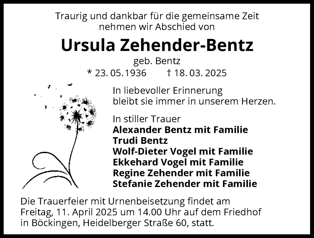  Traueranzeige für Ursula Zehender-Bentz vom 05.04.2025 aus GESAMT