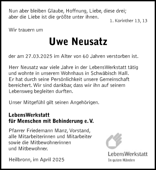 Traueranzeige von Uwe Neusatz von GESAMT
