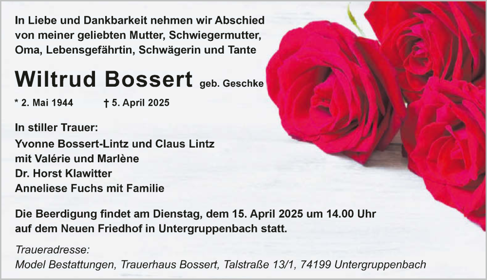  Traueranzeige für Wiltrud Bossert vom 12.04.2025 aus GESAMT