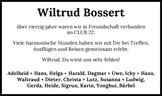 Traueranzeige von Wiltrud Bossert von GESAMT