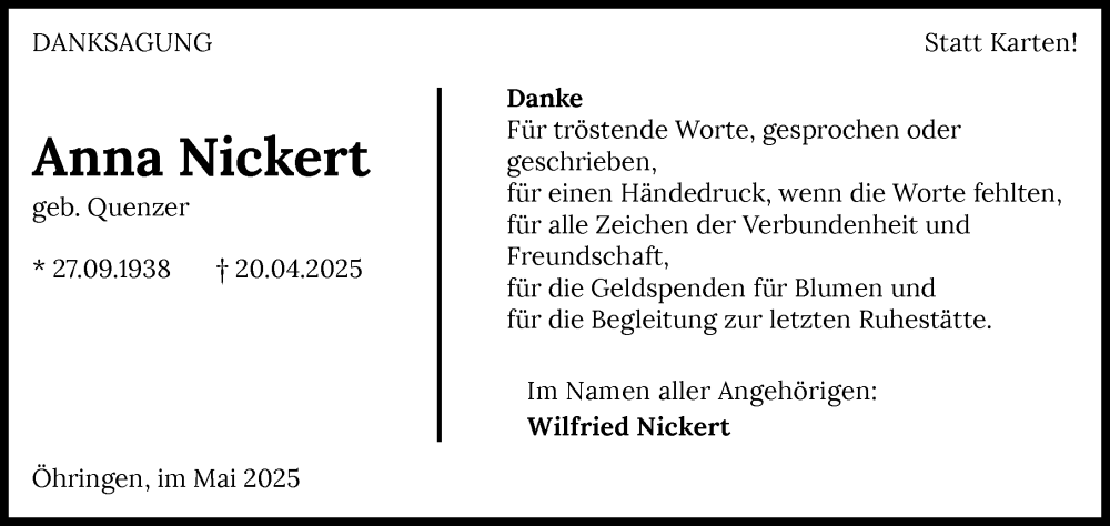  Traueranzeige für Anna Nickert vom 31.05.2025 aus GESAMT