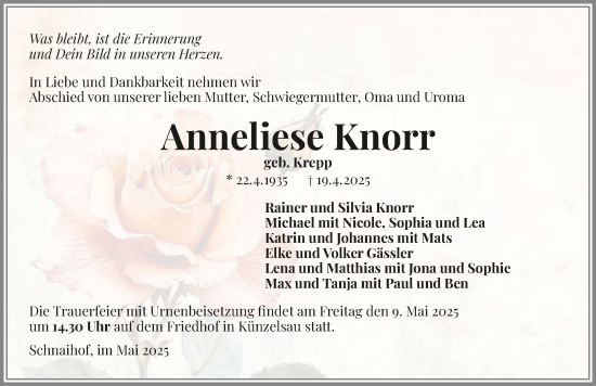 Traueranzeige von Anneliese Knorr von GESAMT