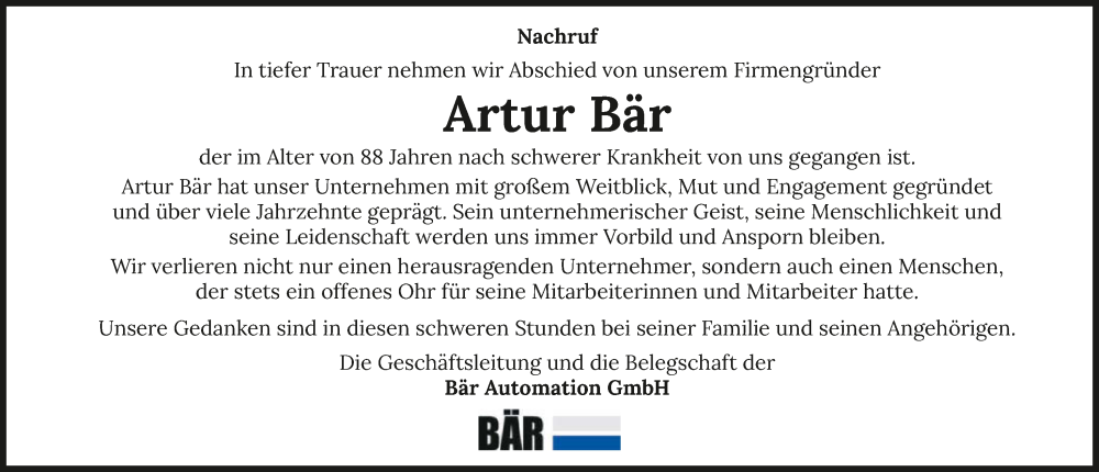  Traueranzeige für Artur Bär vom 03.05.2025 aus GESAMT