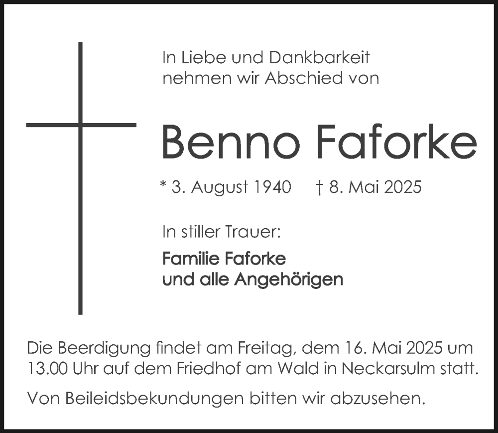  Traueranzeige für Benno Faforke vom 14.05.2025 aus GESAMT
