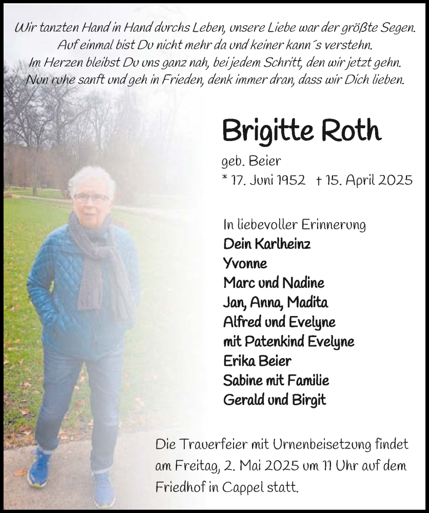  Traueranzeige für Brigitte Roth vom 26.04.2025 aus GESAMT