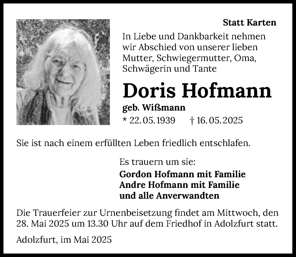  Traueranzeige für Doris Hofmann vom 24.05.2025 aus GESAMT