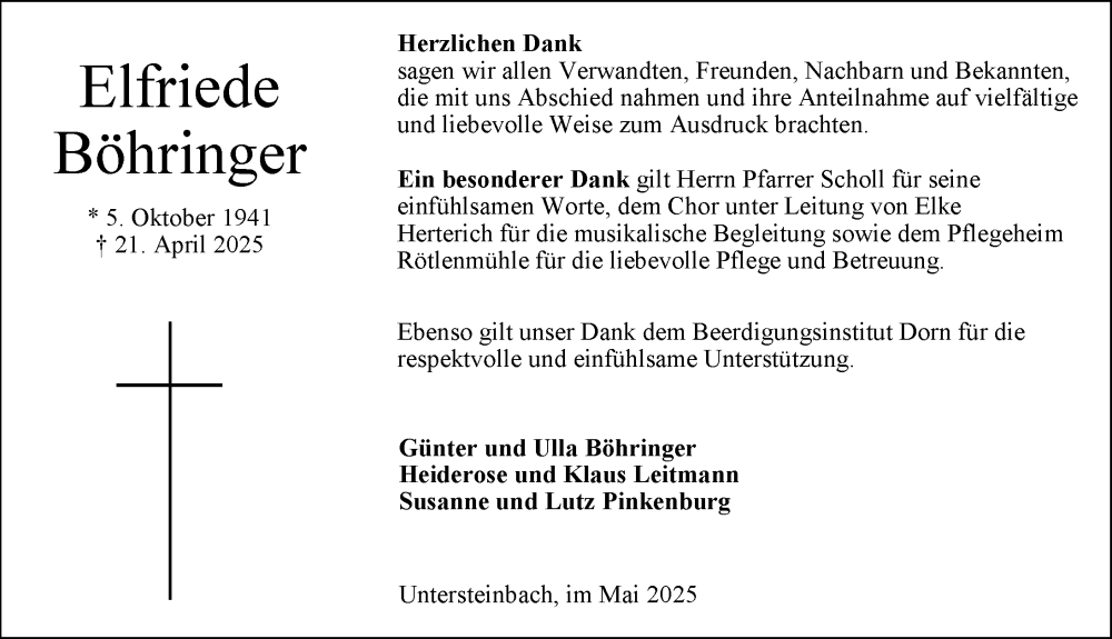  Traueranzeige für Elfriede Böhringer vom 14.05.2025 aus GESAMT