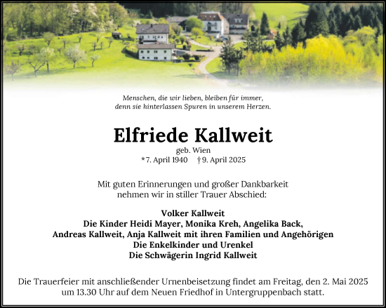 Traueranzeige von Elfriede Kallweit von GESAMT