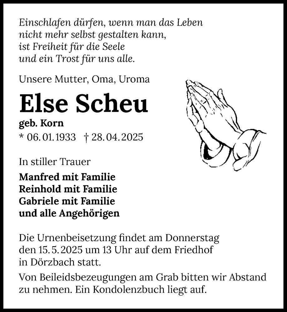  Traueranzeige für Else Scheu vom 12.05.2025 aus GESAMT
