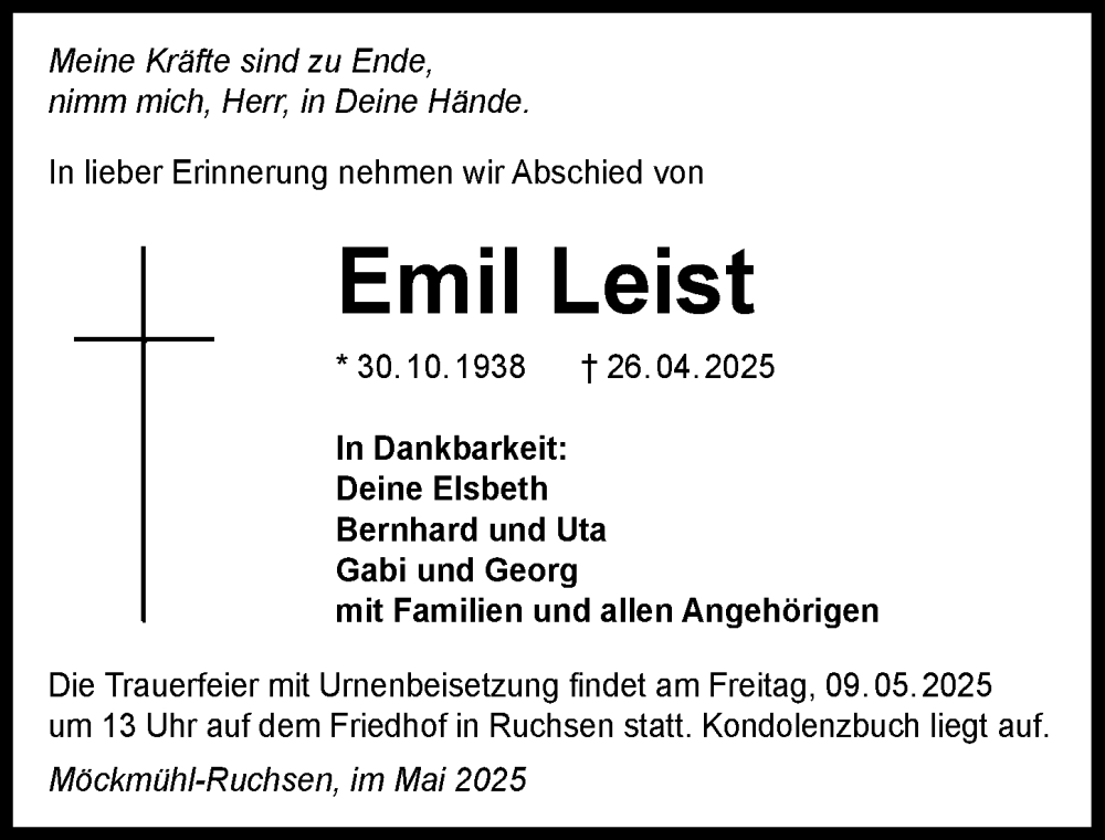  Traueranzeige für Emil Leist vom 02.05.2025 aus GESAMT