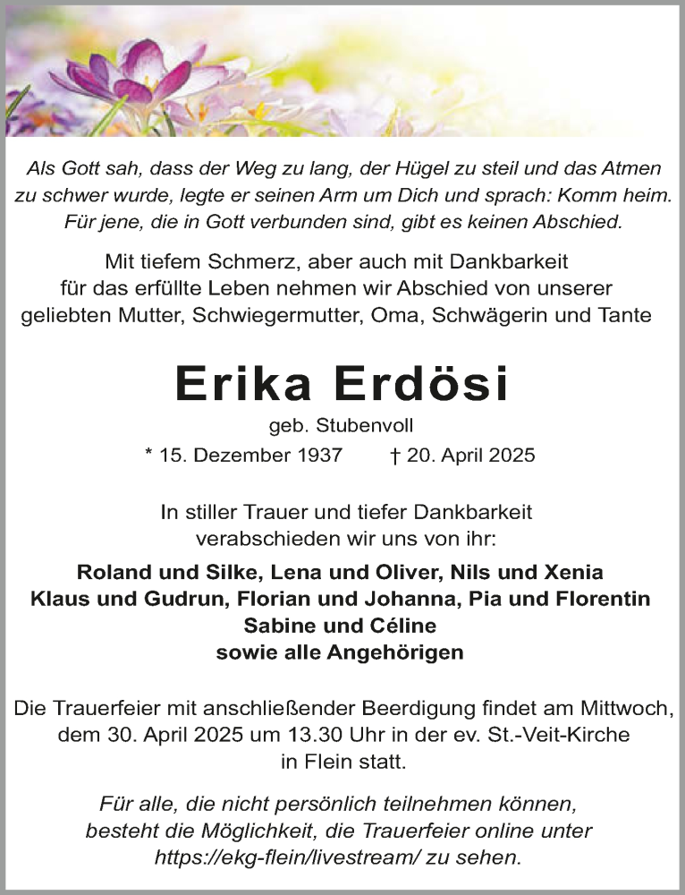  Traueranzeige für Erika Erdösi vom 26.04.2025 aus GESAMT