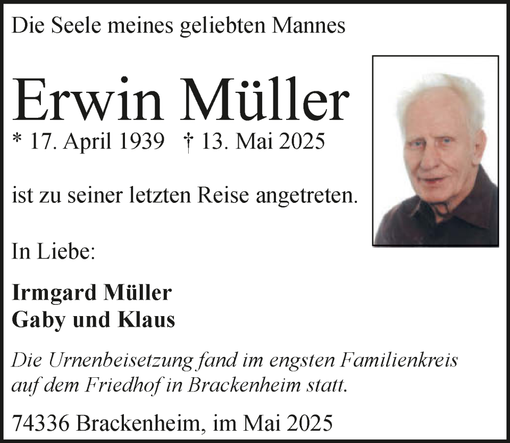  Traueranzeige für Erwin Müller vom 30.05.2025 aus GESAMT