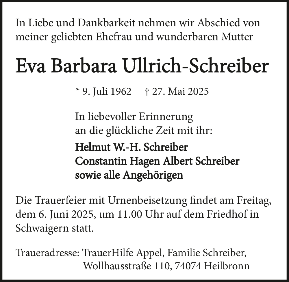  Traueranzeige für Eva Barbara Ullrich-Schreiber vom 31.05.2025 aus GESAMT