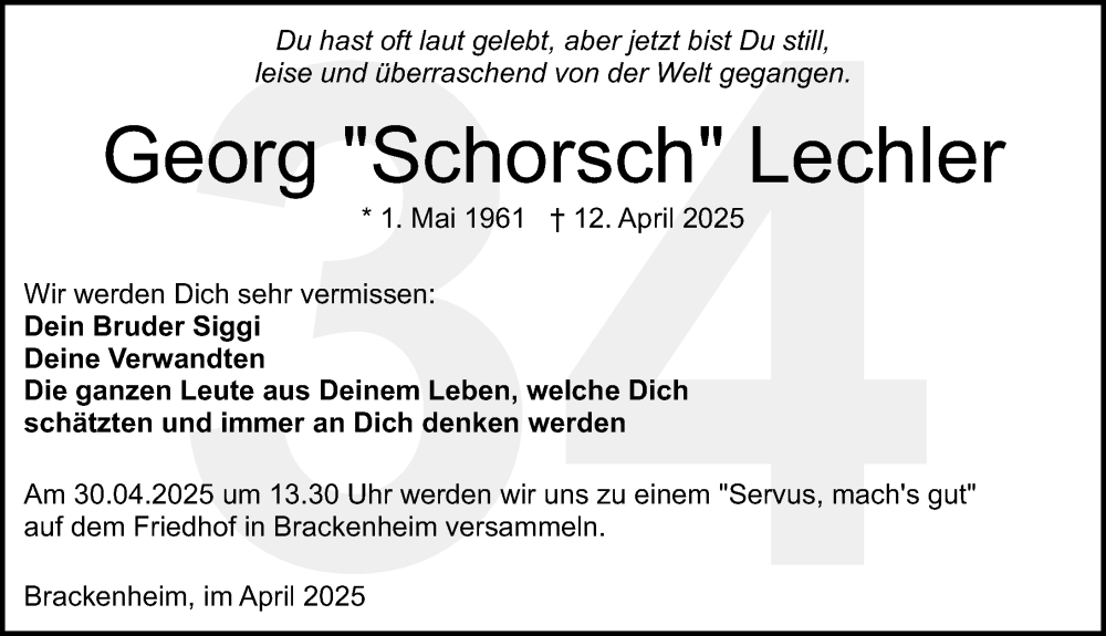  Traueranzeige für Georg Lechler vom 26.04.2025 aus GESAMT