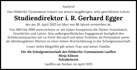 Traueranzeige von Gerhard Egger von GESAMT