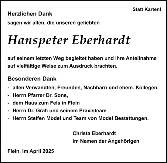 Traueranzeige von Hanspeter Eberhardt von GESAMT