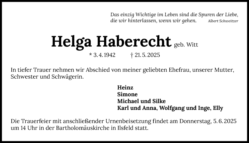  Traueranzeige für Helga Haberecht vom 30.05.2025 aus GESAMT