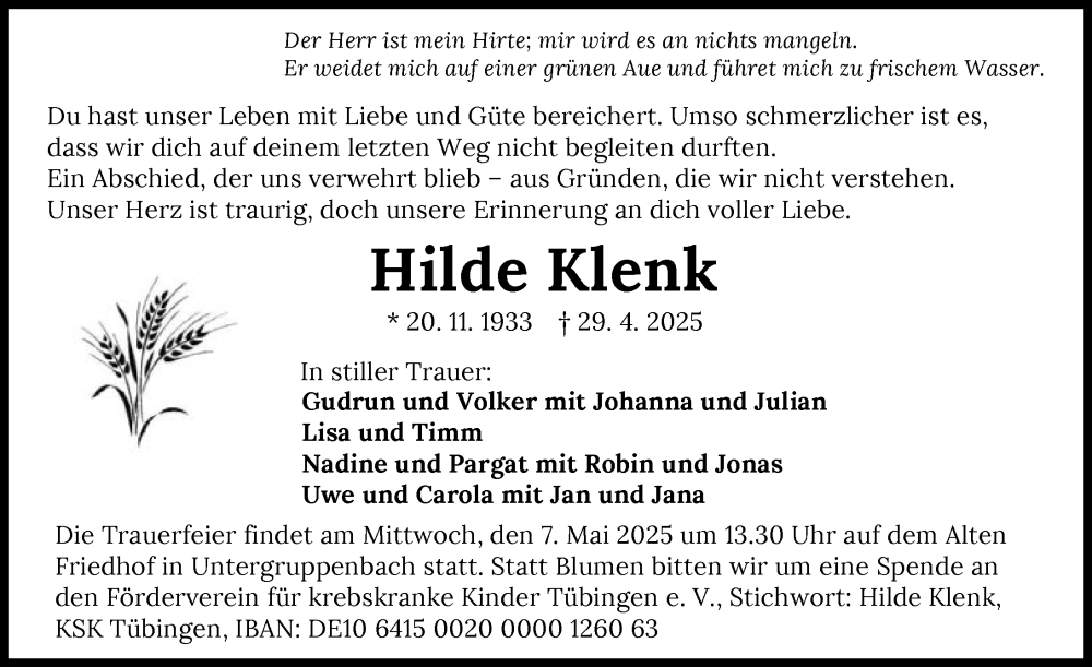  Traueranzeige für Hilde Klenk vom 05.05.2025 aus GESAMT