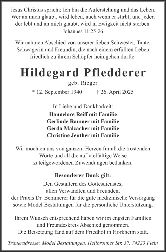 Traueranzeige von Hildegard Pfledderer von GESAMT