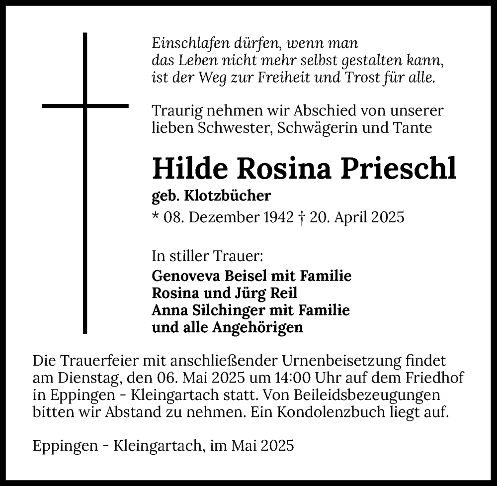  Traueranzeige für Hilde Rosina Prieschl vom 03.05.2025 aus GESAMT