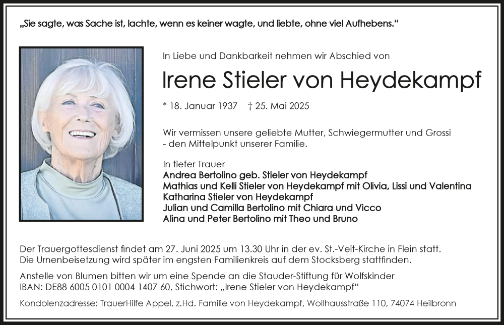  Traueranzeige für Irene Stieler von Heydekampf vom 31.05.2025 aus GESAMT