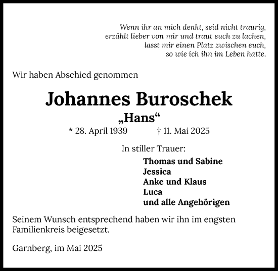 Traueranzeige von Johannes Buroschek von GESAMT