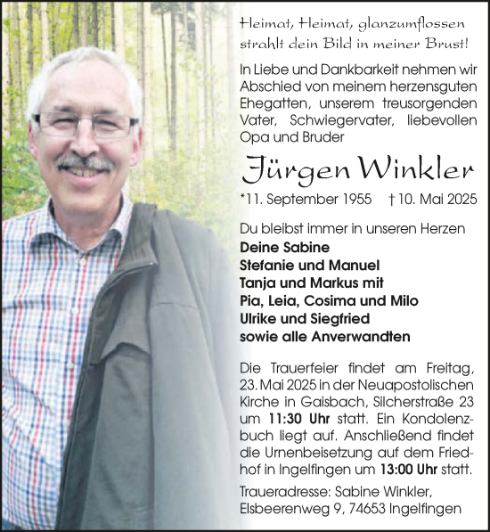Traueranzeige von Jürgen Winkler von GESAMT