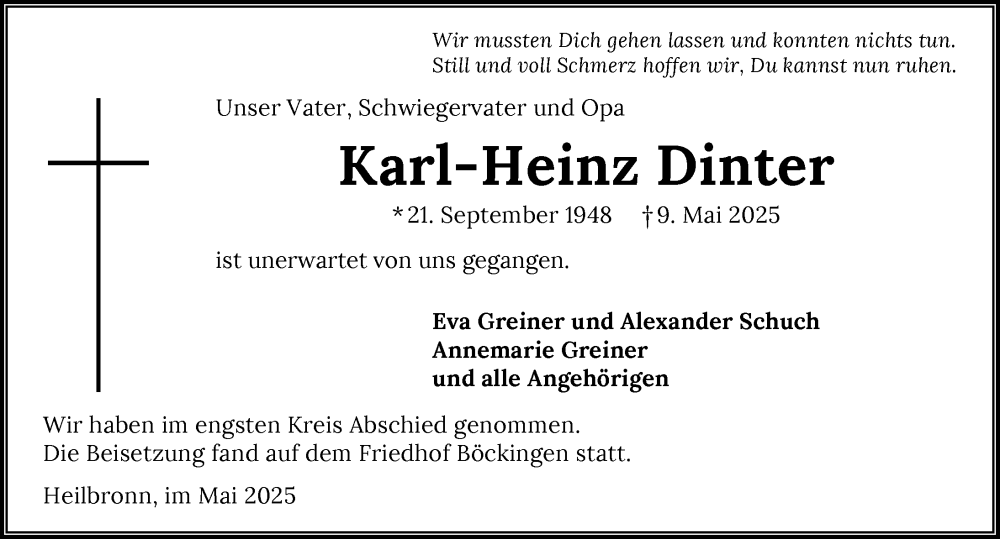  Traueranzeige für Karl-Heinz Dinter vom 17.05.2025 aus GESAMT
