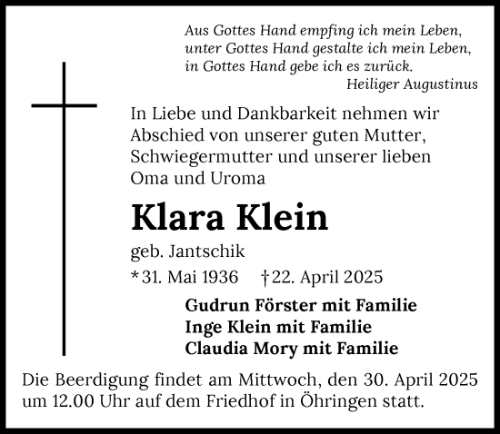 Traueranzeige von Klara Klein von GESAMT