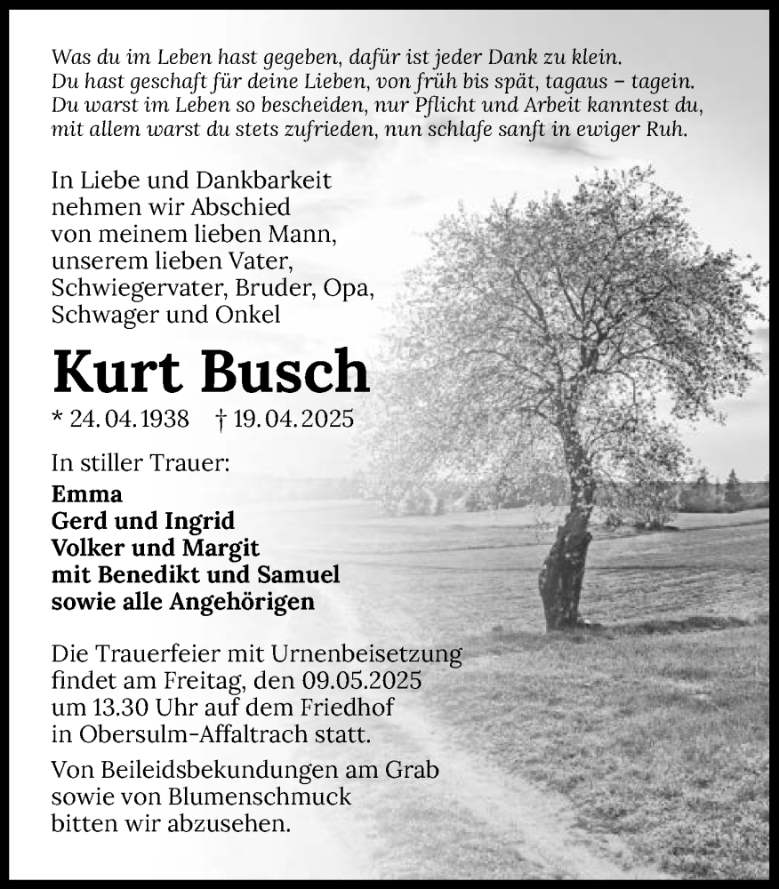  Traueranzeige für Kurt Busch vom 03.05.2025 aus GESAMT