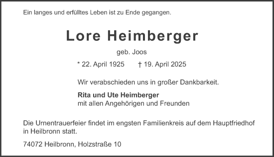 Traueranzeige von Lore Heimberger von GESAMT