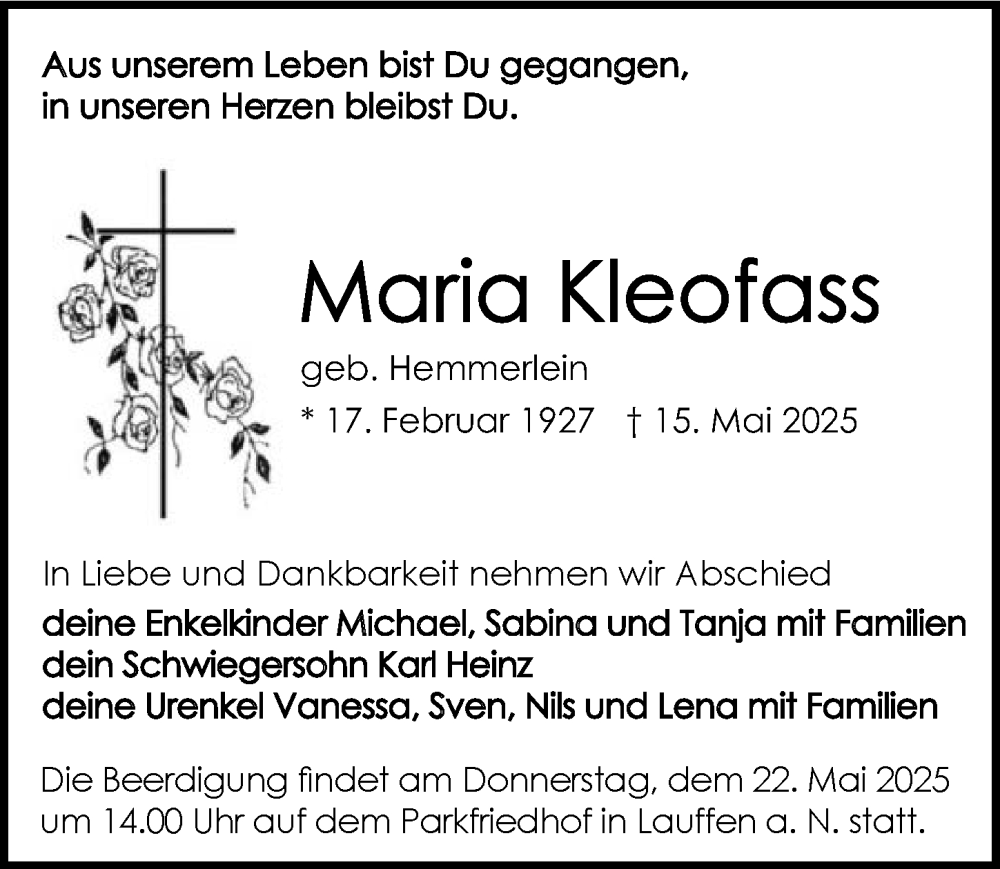  Traueranzeige für Maria Kleofass vom 20.05.2025 aus GESAMT