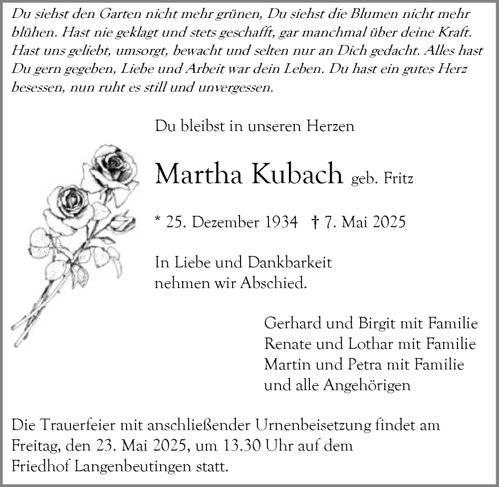  Traueranzeige für Martha Kubach vom 20.05.2025 aus GESAMT