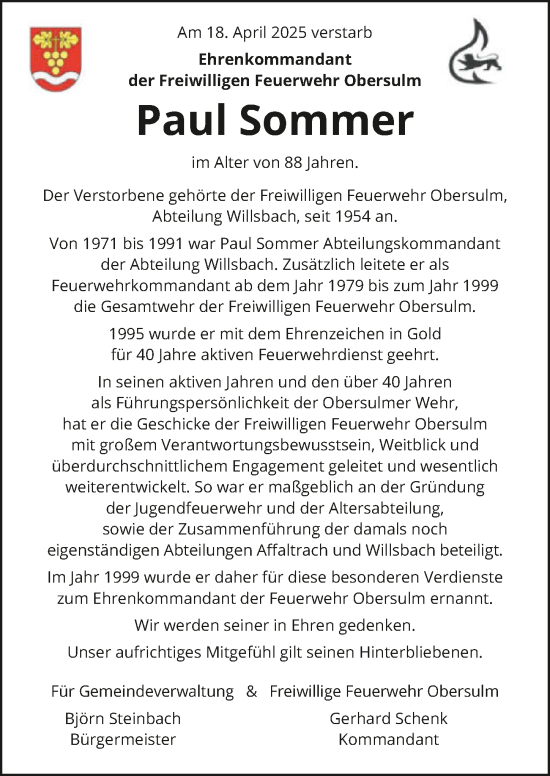 Traueranzeige von Paul Sommer von GESAMT