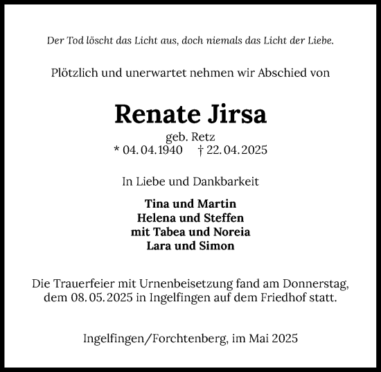 Traueranzeige von Renate Jirsa von GESAMT