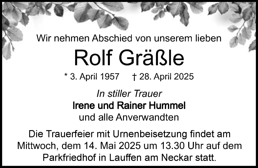  Traueranzeige für Rolf Gräßle vom 10.05.2025 aus GESAMT