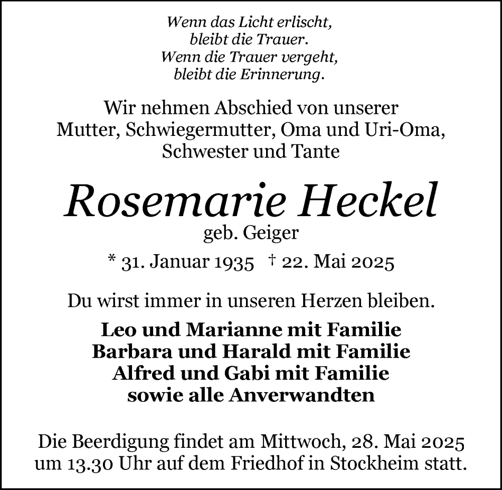  Traueranzeige für Rosemarie Heckel vom 24.05.2025 aus GESAMT