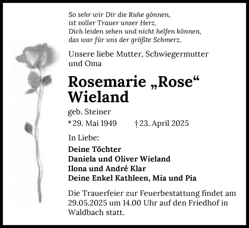  Traueranzeige für Rosemarie Wieland vom 26.04.2025 aus GESAMT