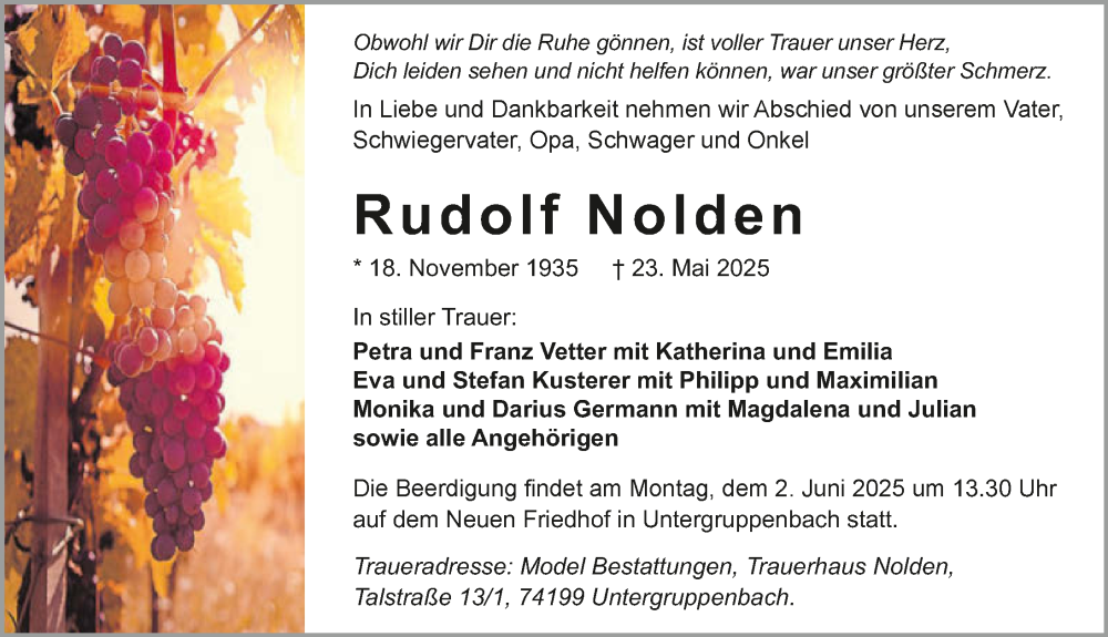  Traueranzeige für Rudolf Nolden vom 31.05.2025 aus GESAMT