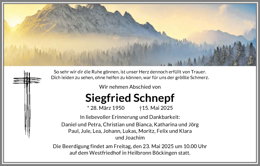  Traueranzeige für Siegfried Schnepf vom 17.05.2025 aus GESAMT