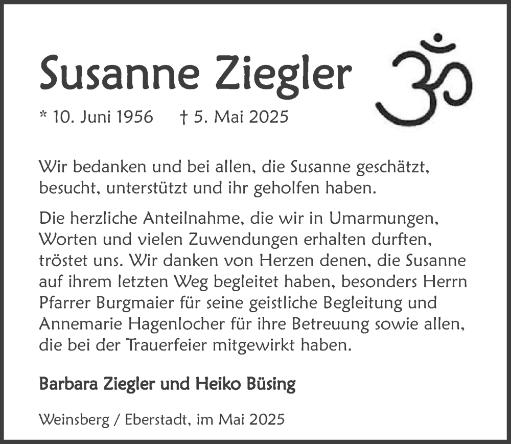  Traueranzeige für Susanne Ziegler vom 24.05.2025 aus GESAMT