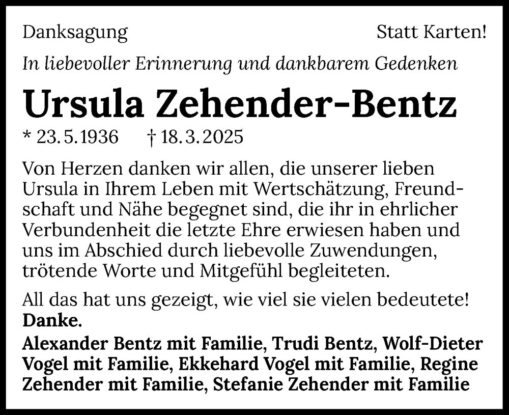  Traueranzeige für Ursula Zehender-Bentz vom 26.04.2025 aus GESAMT