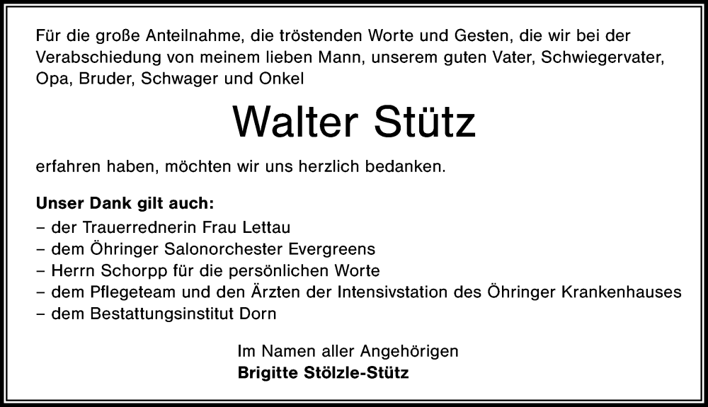  Traueranzeige für Walter Stütz vom 31.05.2025 aus GESAMT