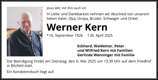 Traueranzeige von Werner Kern von GESAMT