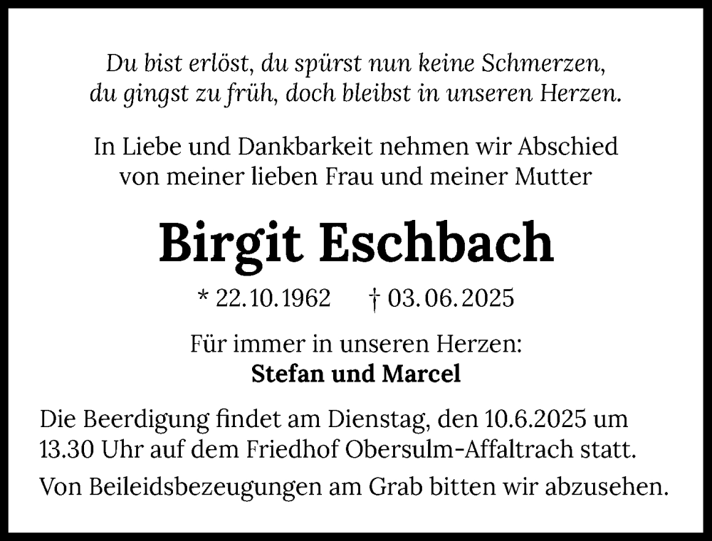  Traueranzeige für Birgit Eschbach vom 06.06.2025 aus GESAMT